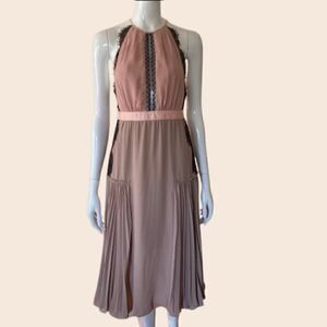 Three Floor Mauve, Pink, & Black Lace Halter Midi Dress with Skirt Pleating